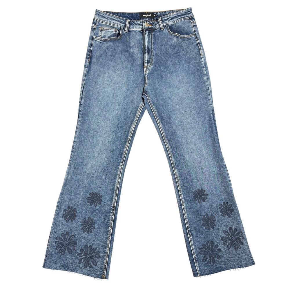 Desigual Floral Embroidered Flare Jeans Size 44 Raw Hem Boho Daisy Blue Denim